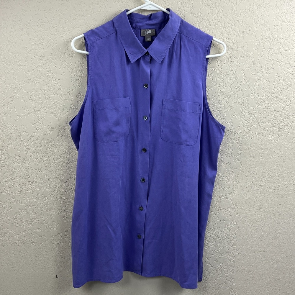 J Jill Top Women's Large Purple 100% Silk Sleeveless‎ Button Up Collared Shirt**
